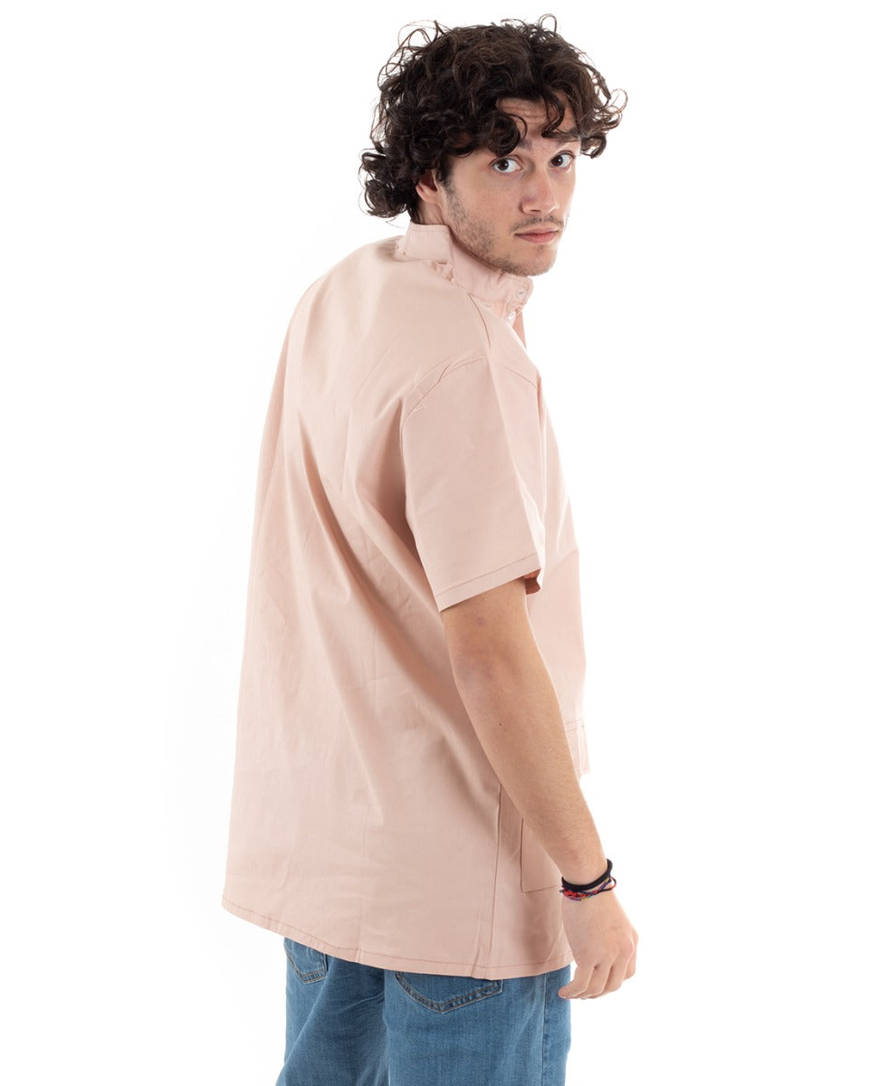 Camicia Uomo Manica Corta Collo Coreano Serafino Rosa Tasche GIOSAL-CC1174A