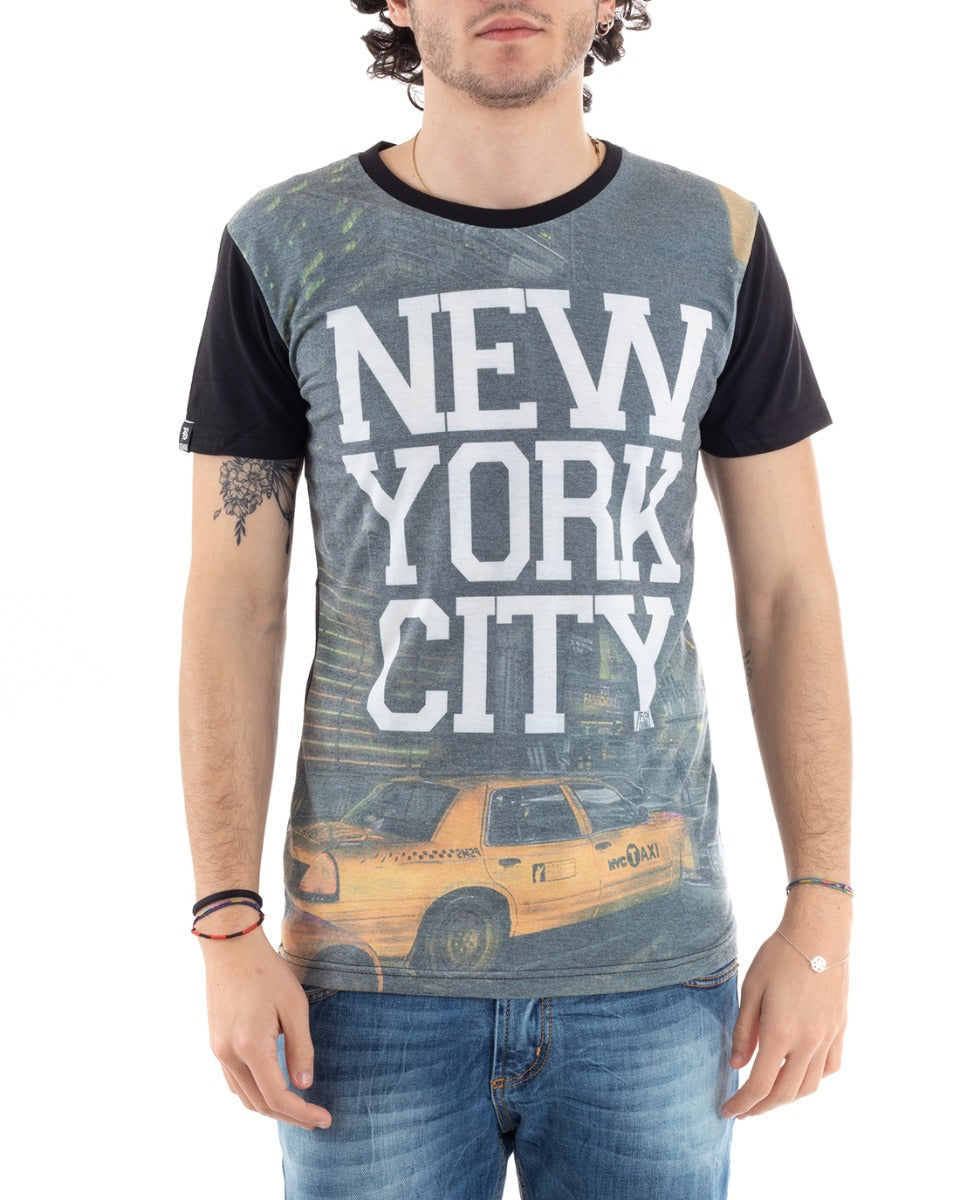 Men's Half Sleeve T-Shirt New York Taxy Print Round Neck Black GIOSAL-TS2804A