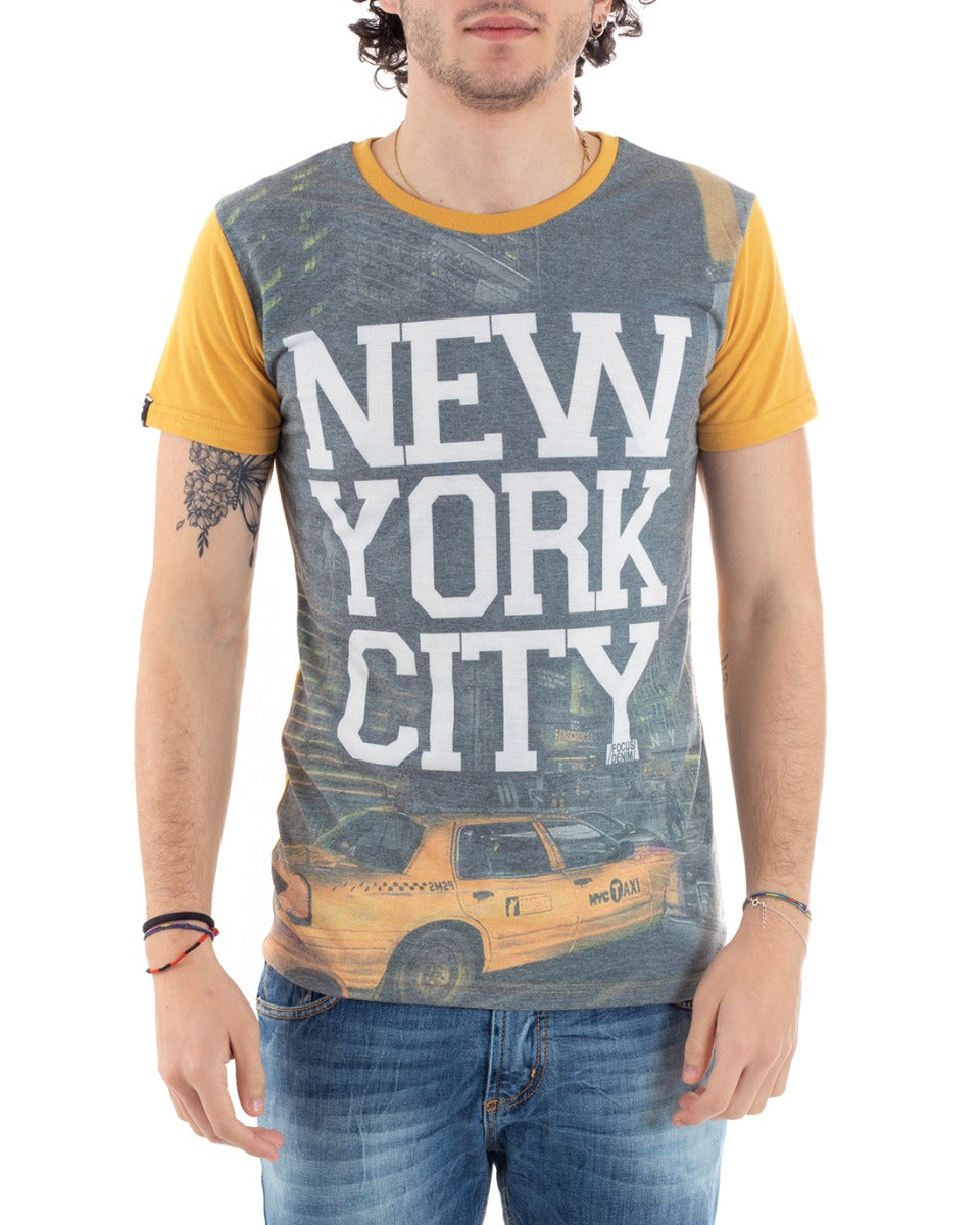T-Shirt Uomo Mezza Manica Stampa New York Taxy Girocollo Gialla GIOSAL-TS2805A