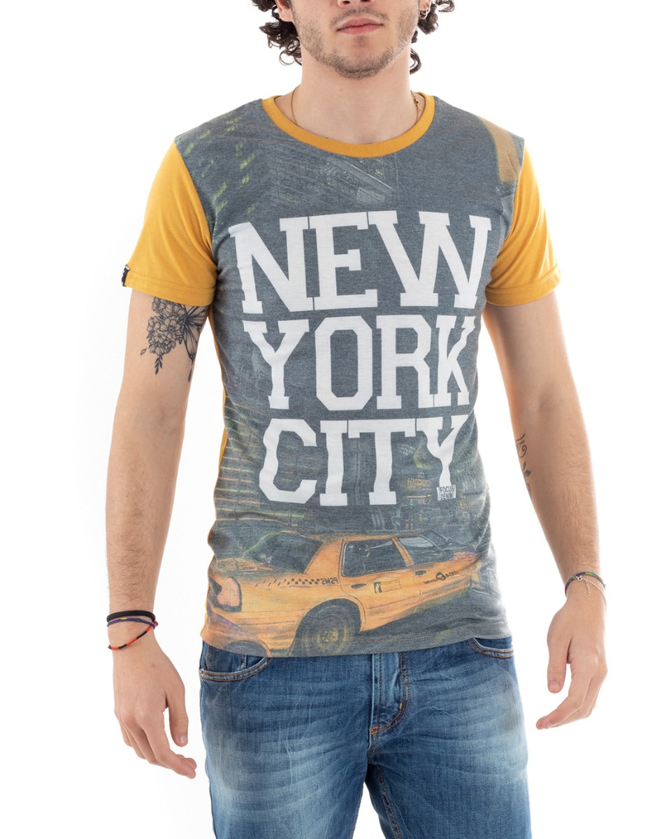 Half Sleeve Men's T-Shirt New York Taxy Print Round Neck Yellow GIOSAL-TS2805A
