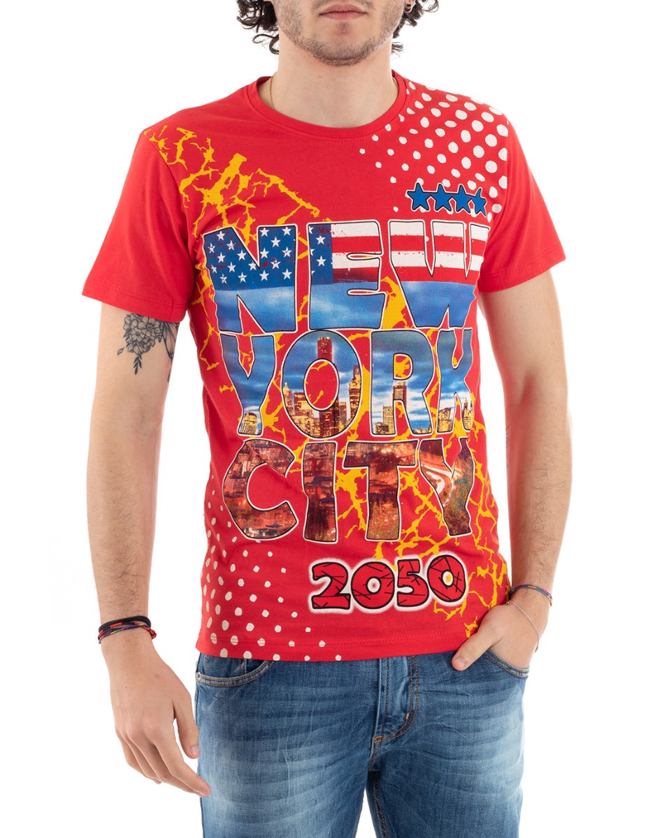 Men's T-Shirt Half Sleeve New York Print Round Neck Slim Red GIOSAL-TS28089A