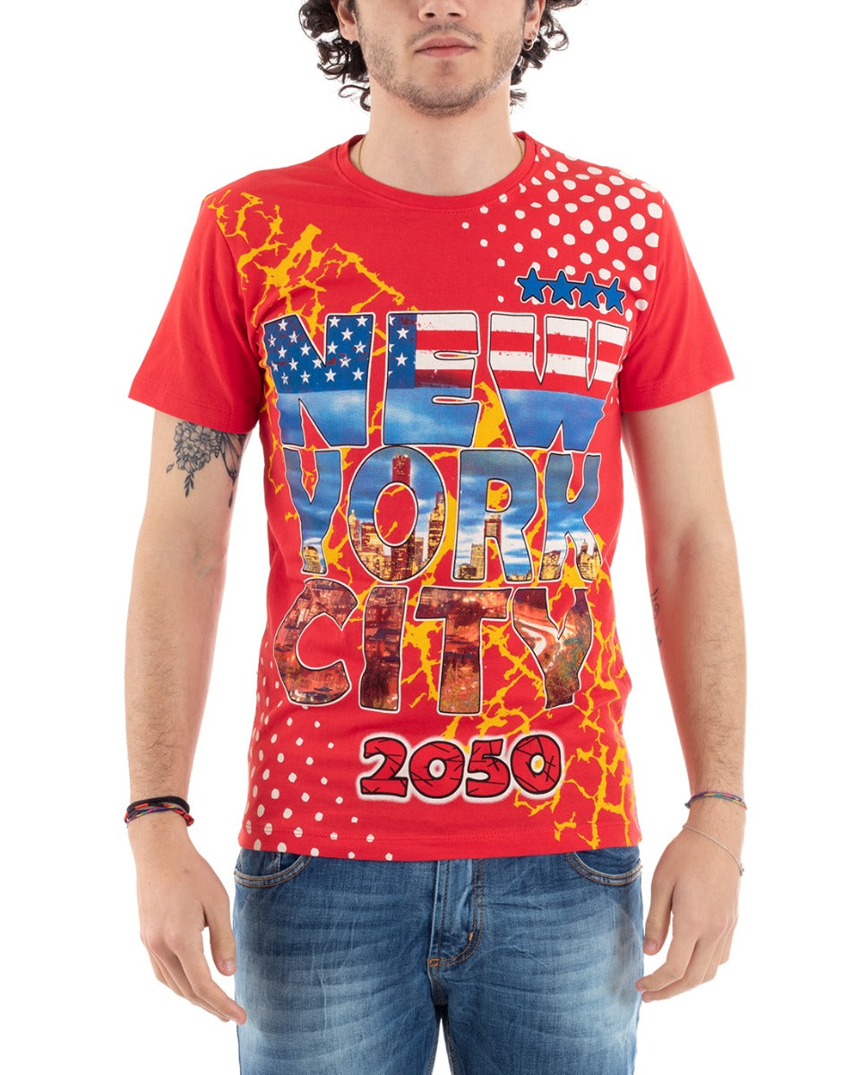 Men's T-Shirt Half Sleeve New York Print Round Neck Slim Red GIOSAL-TS28089A