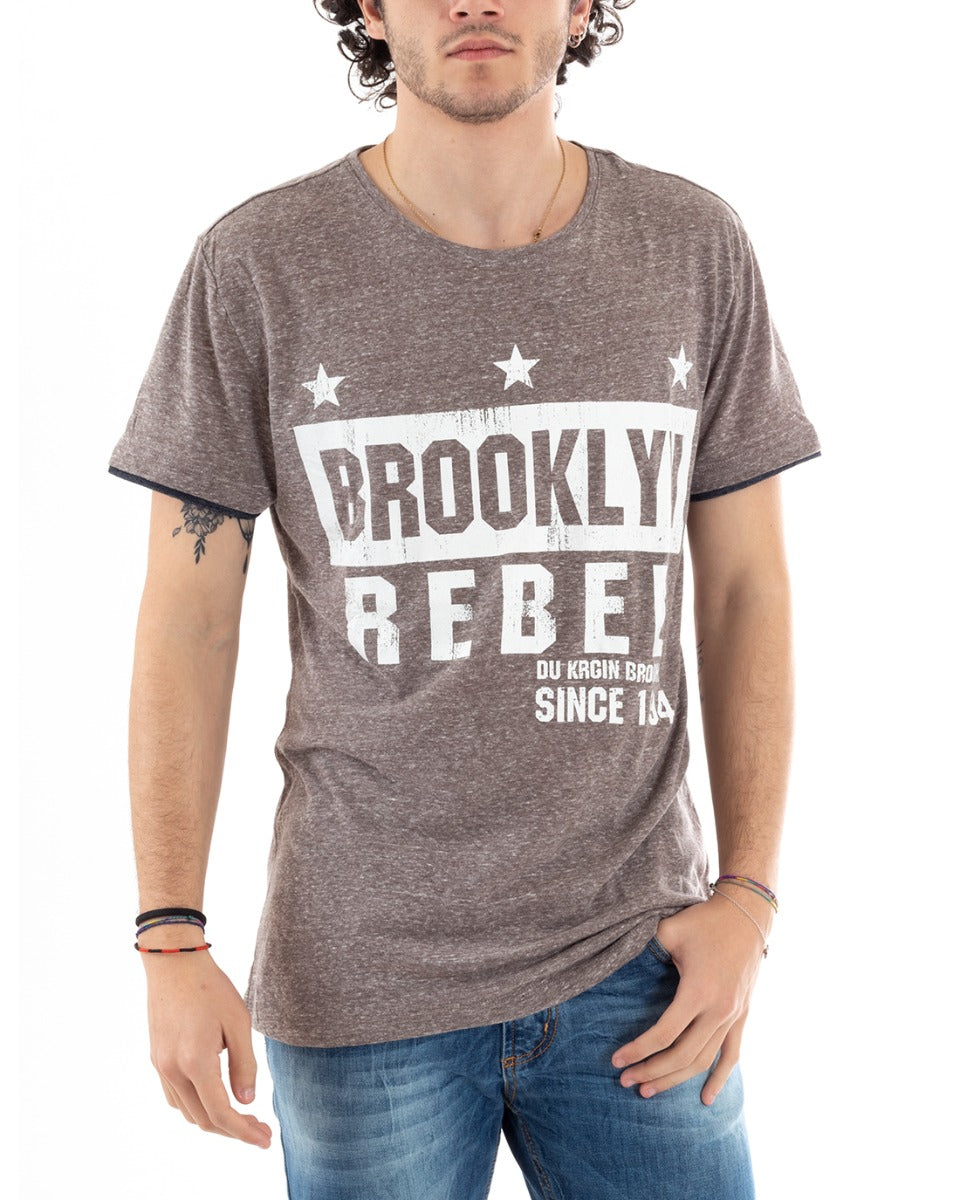 T-Shirt Uomo Mezza Manica Stampa Brooklyn Marrone Girocollo Slim GIOSAL-TS2813A