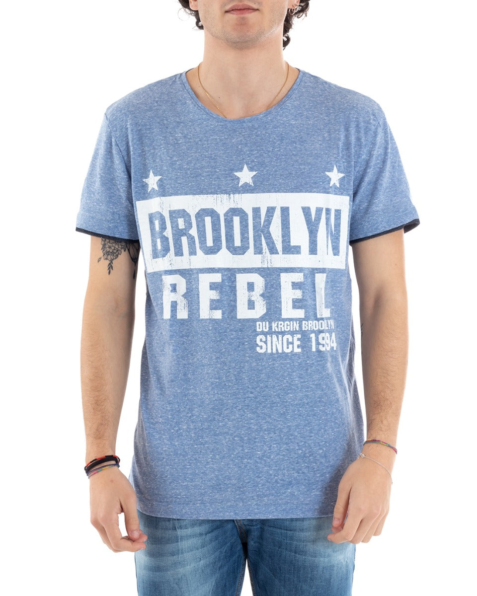 T-Shirt Uomo Mezza Manica Stampa Brooklyn Azzurra Girocollo Slim GIOSAL-TS2811A