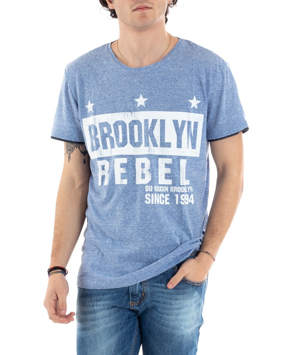 Half Sleeve Men's T-Shirt Brooklyn Print Light Blue Round Neck Slim GIOSAL-TS2811A