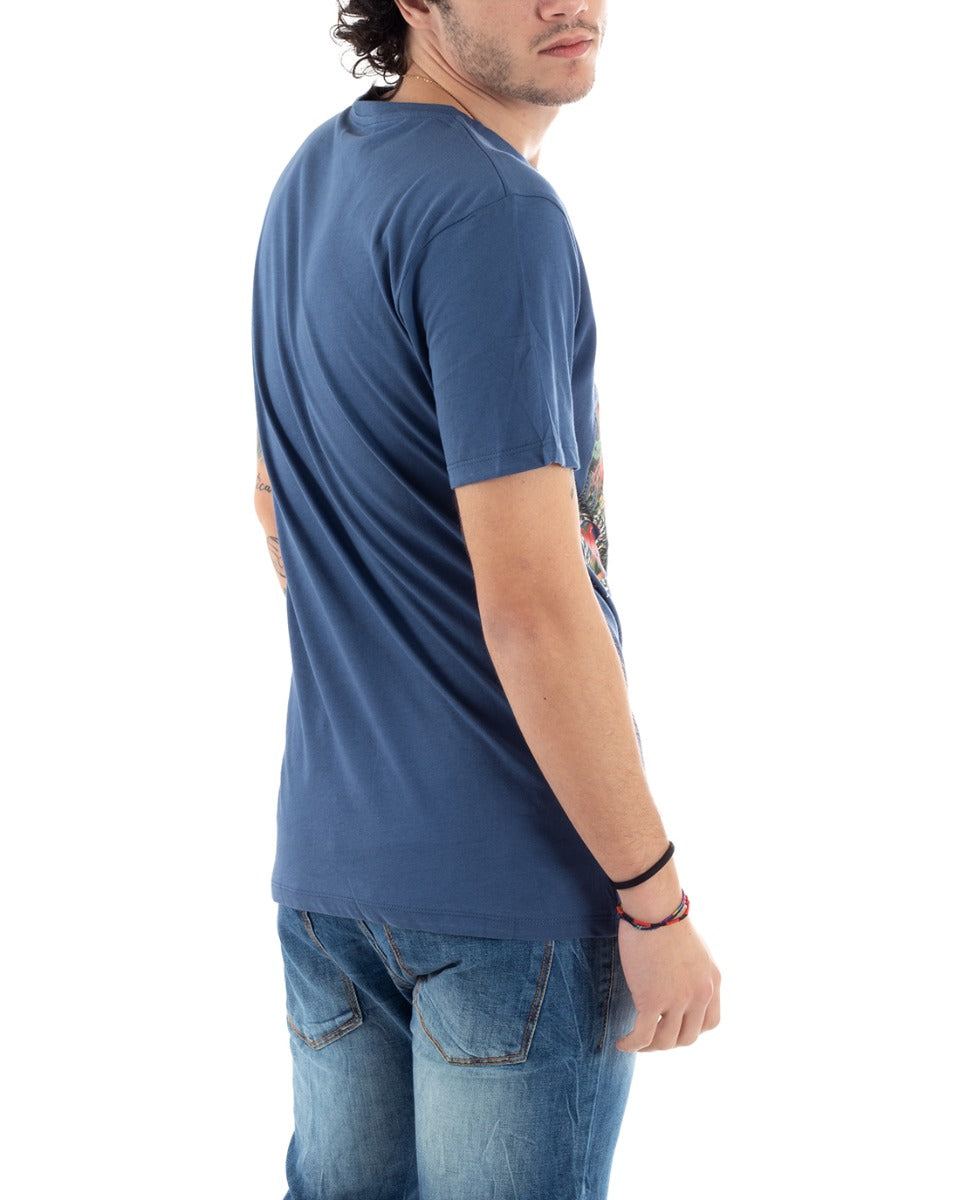 Men's T-Shirt Half Sleeve Blue Floral Print Slim Round Neck GIOSAL-TS2817A
