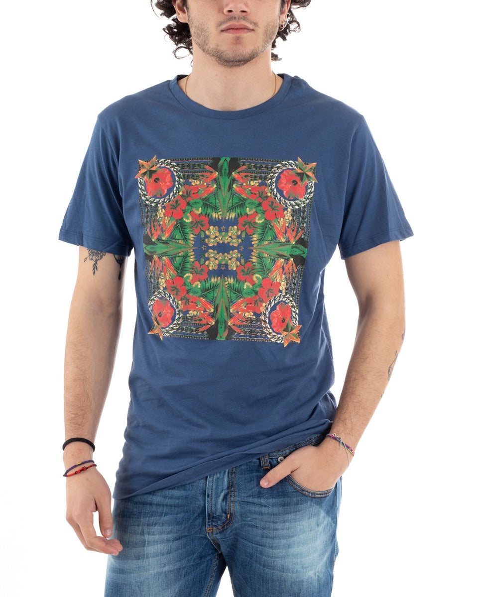 Men's T-Shirt Half Sleeve Blue Floral Print Slim Round Neck GIOSAL-TS2817A