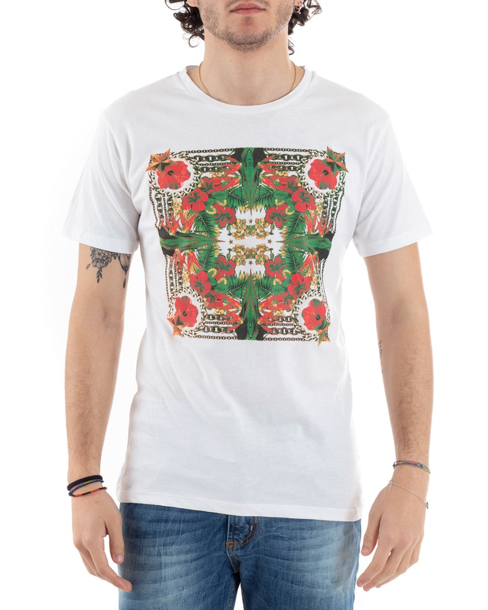 Men's T-Shirt Half Sleeve Floral Print White Slim Round Neck GIOSAL-TS2815A