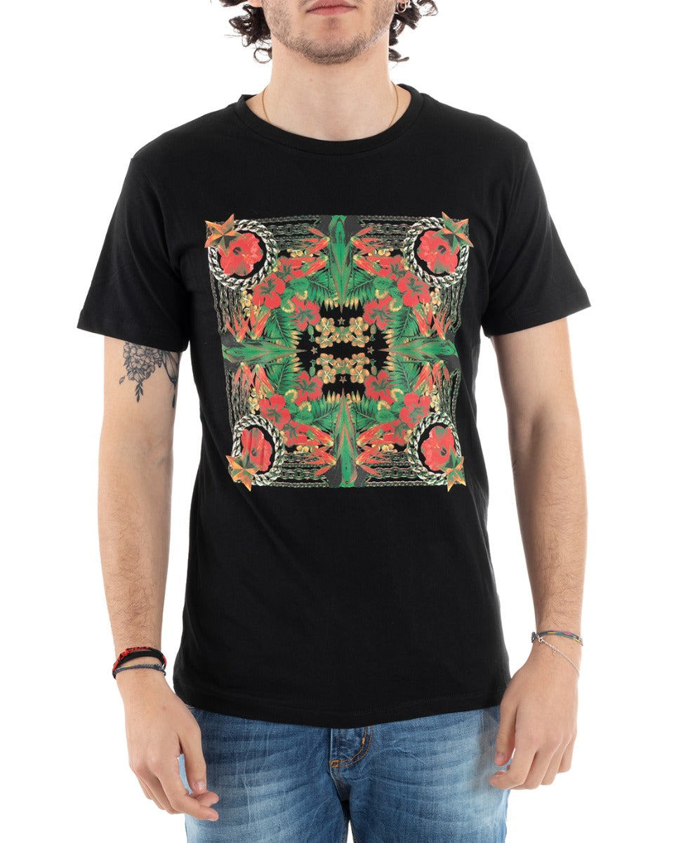 Men's T-Shirt Half Sleeve Floral Print Black Slim Round Neck GIOSAL-TS2816A