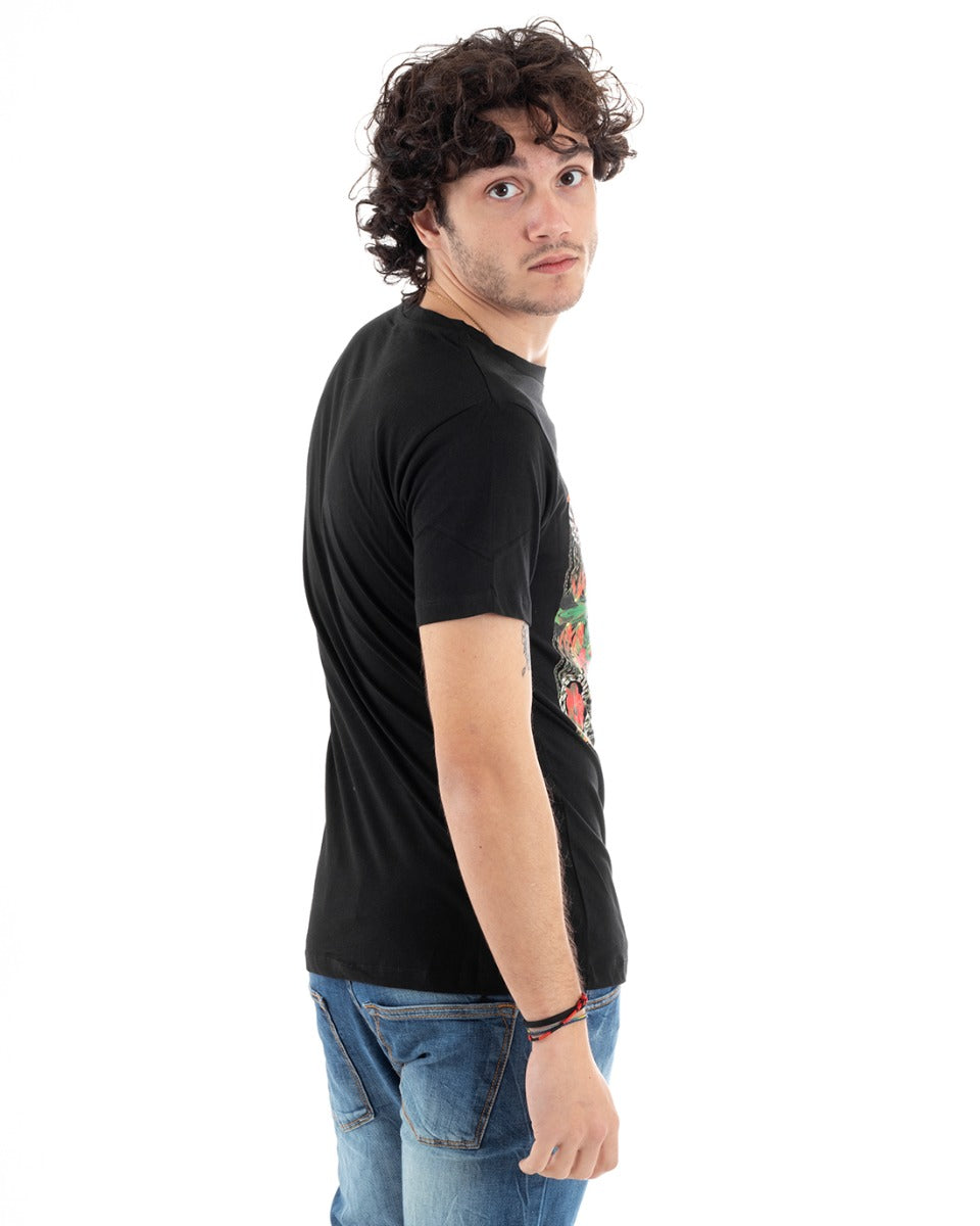Men's T-Shirt Half Sleeve Floral Print Black Slim Round Neck GIOSAL-TS2816A
