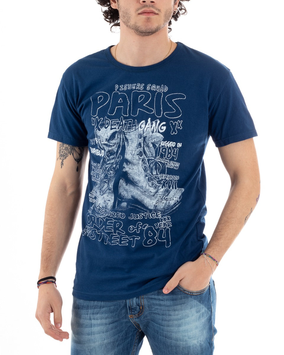T-Shirt Uomo Mezza Manica Stampa Paris Blu Girocollo Slim GIOSAL-TS2818A