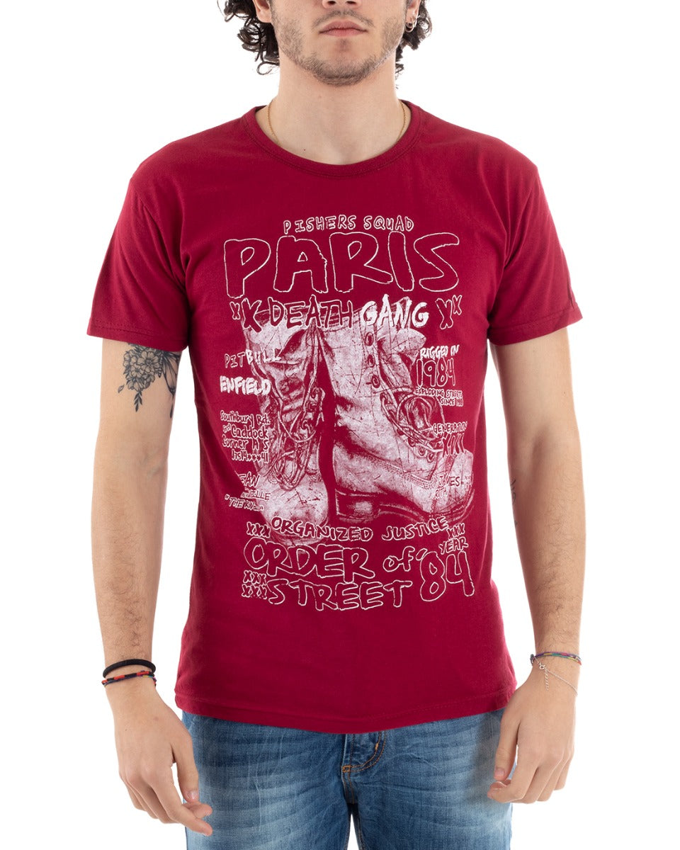 Men's T-Shirt Half Sleeve Red Paris Print Slim Round Neck GIOSAL-TS2819A