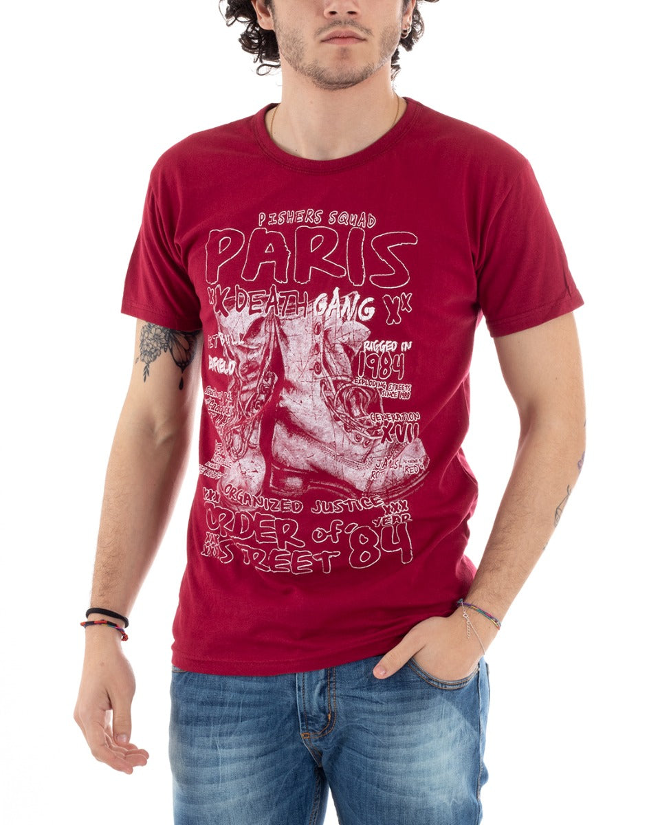 Men's T-Shirt Half Sleeve Red Paris Print Slim Round Neck GIOSAL-TS2819A