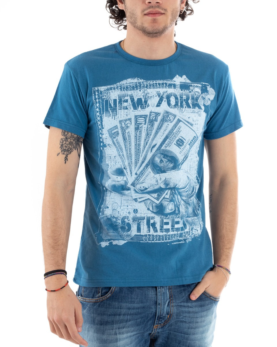 Men's T-Shirt Half Sleeve New York Dollars Print Round Neck Blue GIOSAL-TS2822A