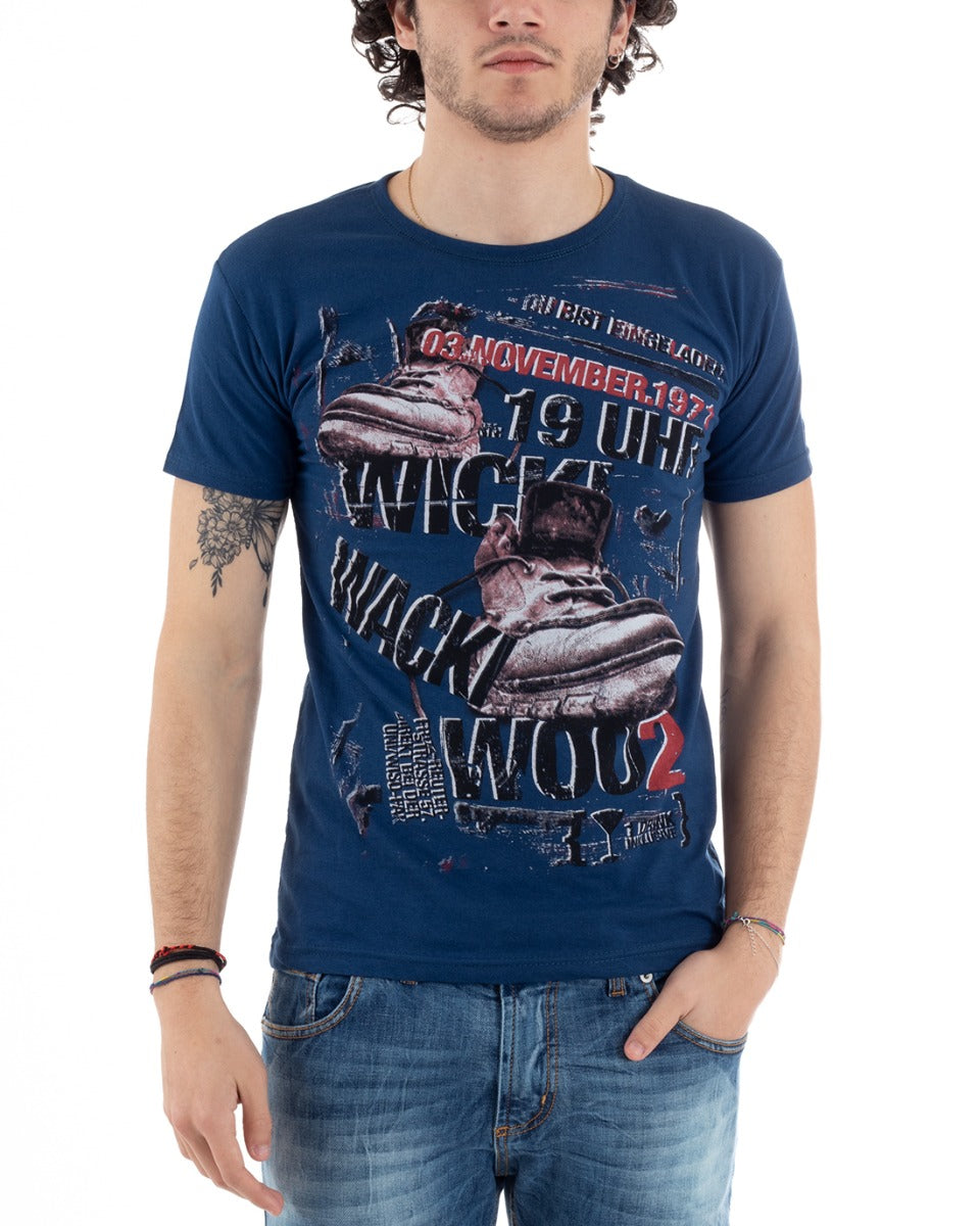 T-Shirt Uomo Mezza Manica Stampa Scarpe Scritta Girocollo Slim Blu GIOSAL-TS25829A