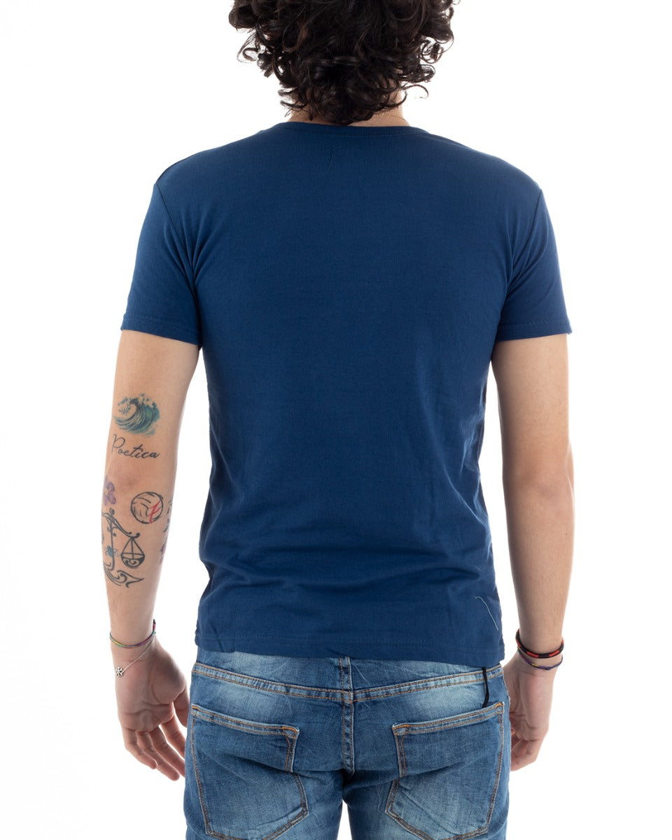 Men's T-Shirt Half Sleeve Print Shoes Written Round Neck Slim Blue GIOSAL-TS25829A