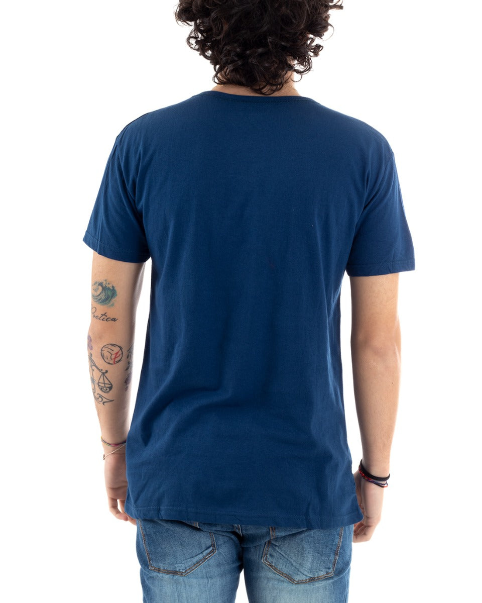 T-Shirt Uomo Mezza Manica Stampa Numeri Telefono Girocollo Slim Blu GIOSAL-TS2830A
