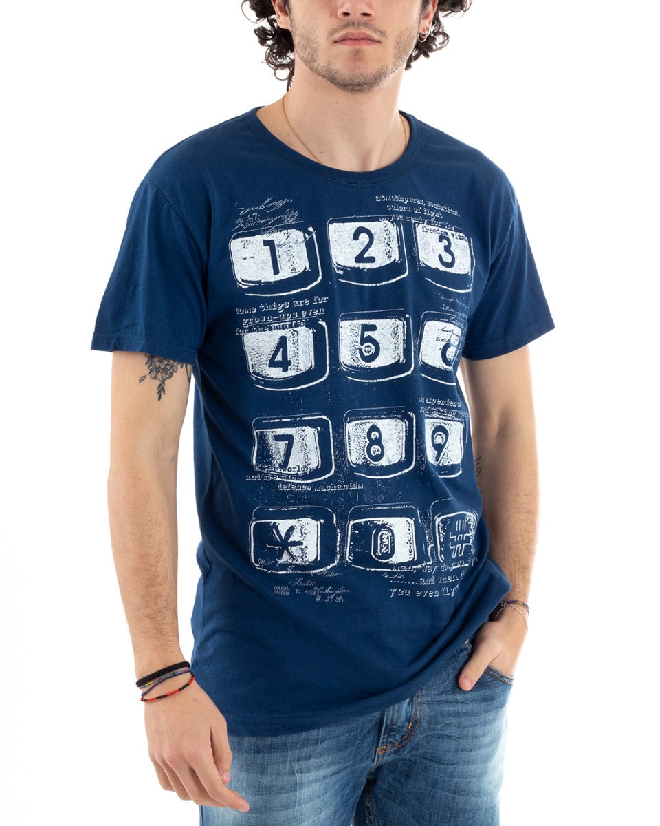 T-Shirt Uomo Mezza Manica Stampa Numeri Telefono Girocollo Slim Blu GIOSAL-TS2830A
