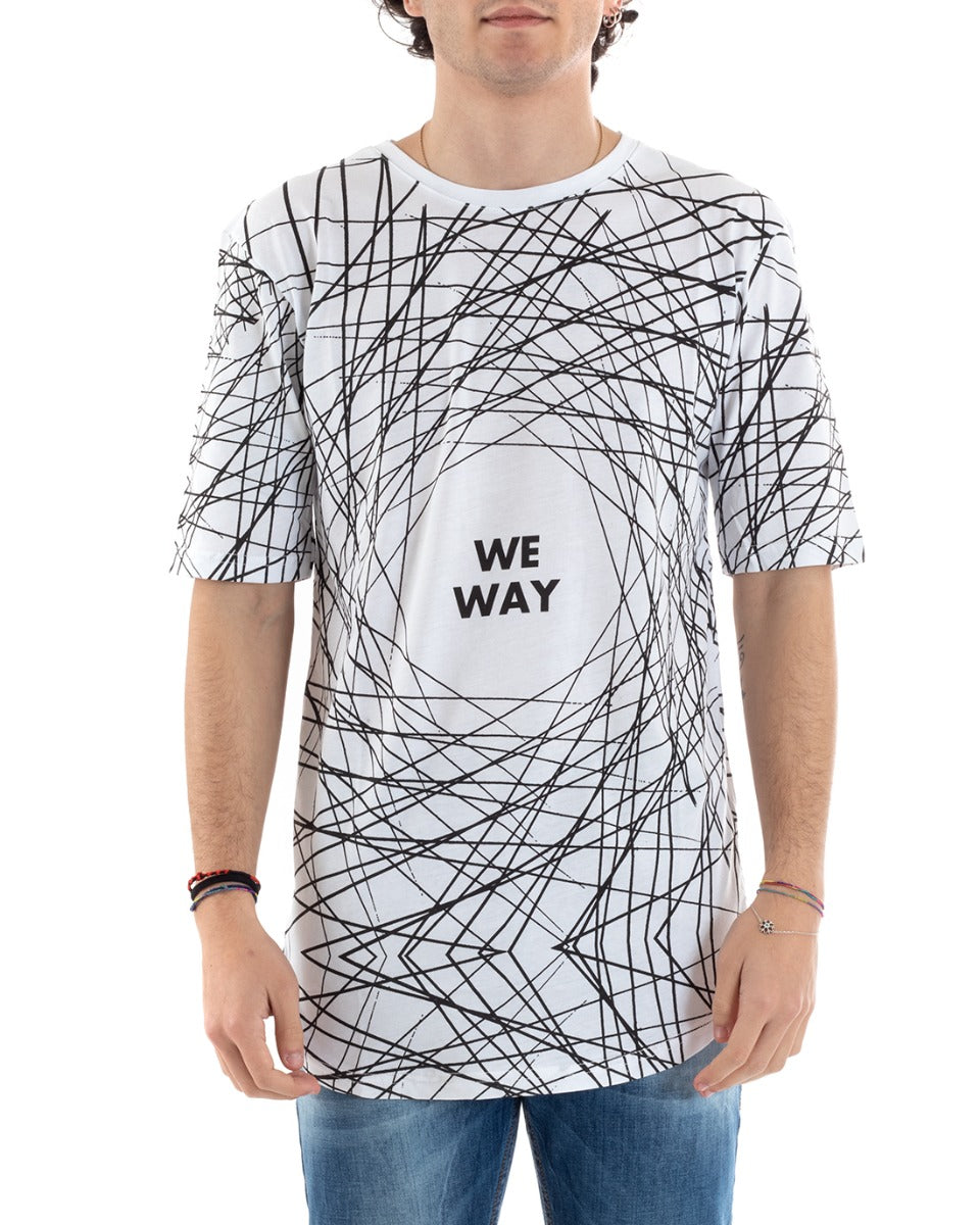 Men's T-Shirt Half Sleeve Round Neck Long Striped Writing Print White GIOSAL-TS2836A