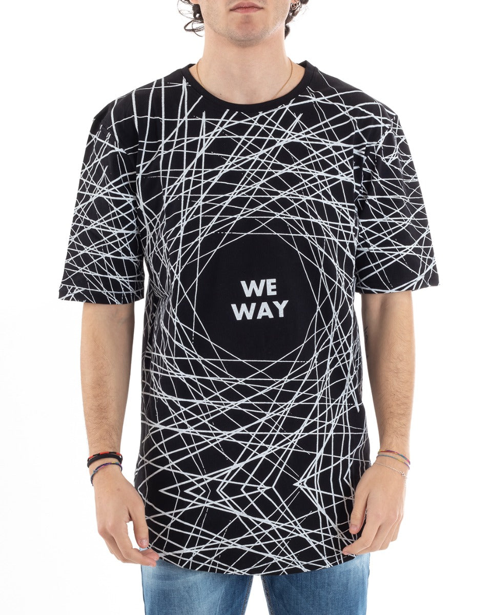 Men's T-Shirt Half Sleeve Round Neck Long Striped Writing Print Black GIOSAL-TS2835A
