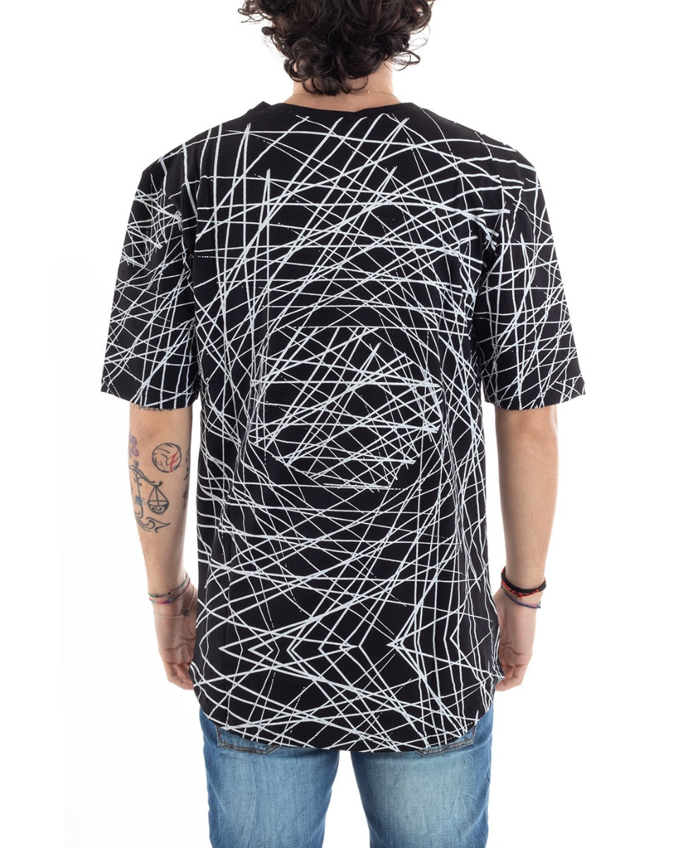 Men's T-Shirt Half Sleeve Round Neck Long Striped Writing Print Black GIOSAL-TS2835A