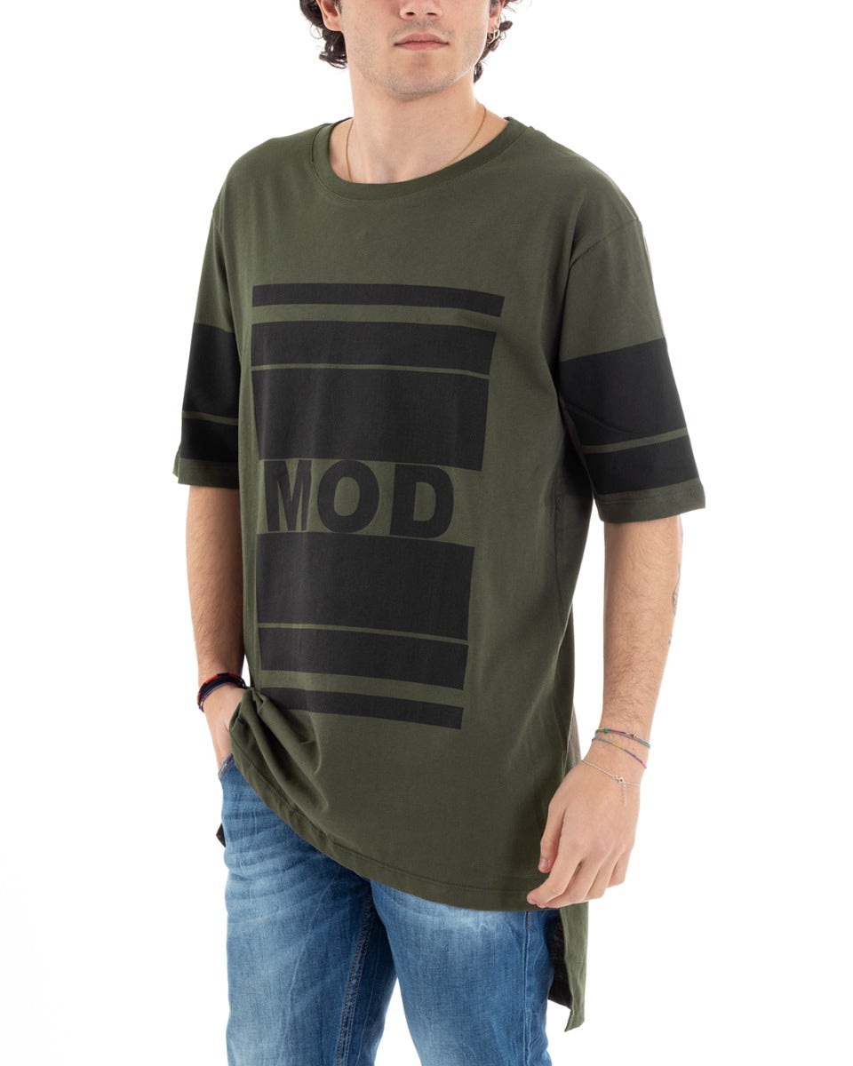 Men's T-Shirt Short Sleeve Round Neck MOD Written Print Green Casual Stripes GIOSAL-TS2856A