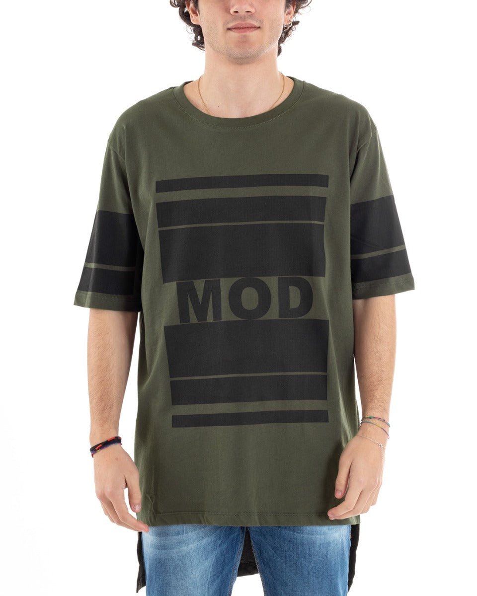 Men's T-Shirt Short Sleeve Round Neck MOD Written Print Green Casual Stripes GIOSAL-TS2856A