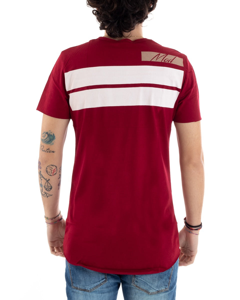 Men's T-Shirt MOD Round Neck Half Sleeve Burgundy Print Stripes Casual Numbers GIOSAL-TS2838A