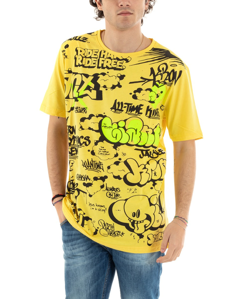 T-Shirt Uomo Stampa Due Colori Scritta Girocollo Fluo Scritte Casual Puro Cotone GIOSAL