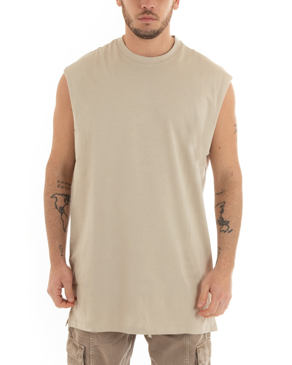 Basic Men's Tank Top Long Sleeve Casual Solid Color Beige Round Neck GIOSAL-CN1078A