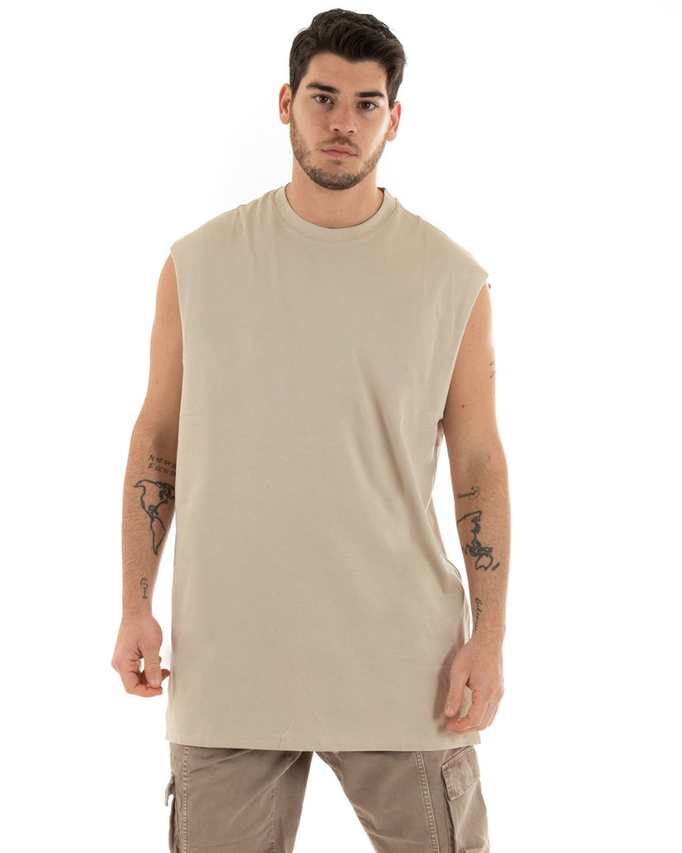 Basic Men's Tank Top Long Sleeve Casual Solid Color Beige Round Neck GIOSAL-CN1078A