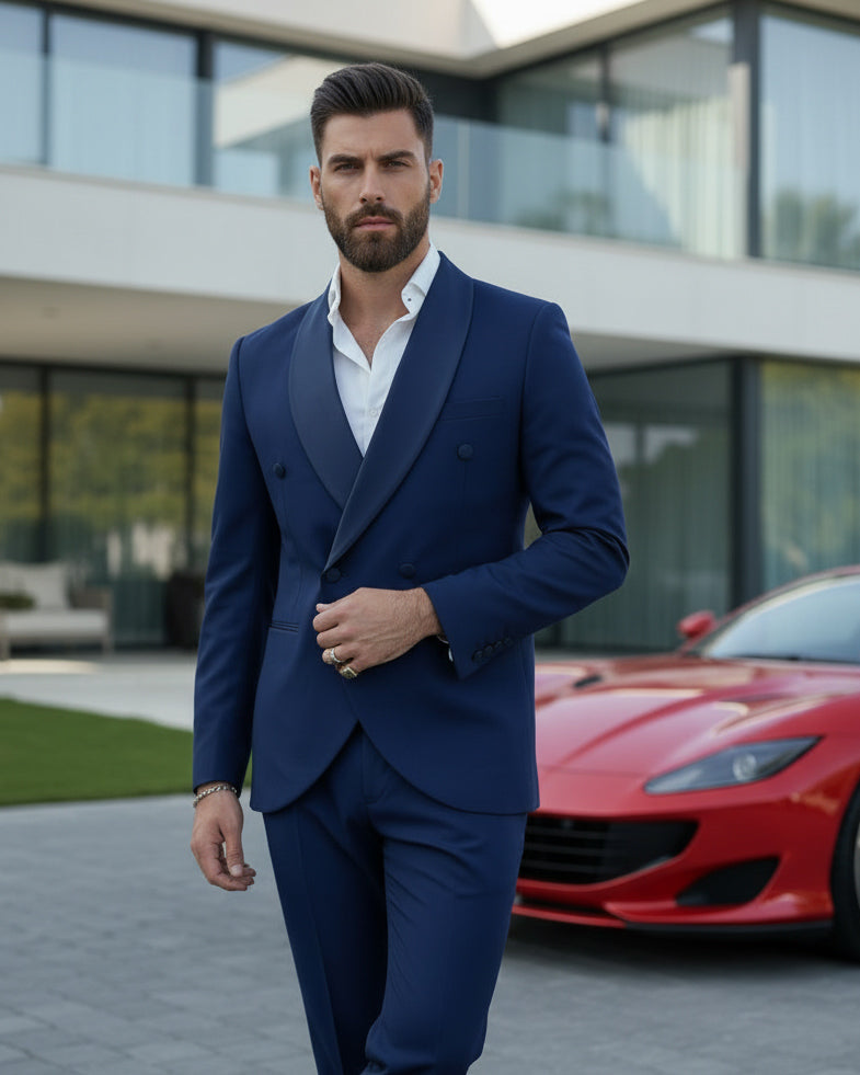 Abito Uomo Doppiopetto Quattro Bottoni Vestito Completo Smoking Rever Sciallato Raso Blu AE1112A