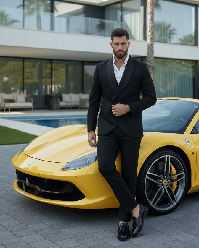 Abito Uomo Doppiopetto Quattro Bottoni Vestito Completo Smoking Rever Sciallato Raso Nero AE1110A