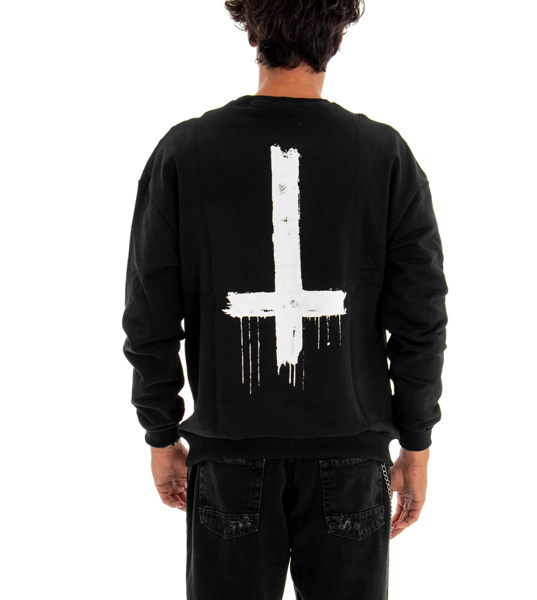 Men's Crewneck Sweatshirt Black Regular Fit Cross Print GIOSAL-F2567A