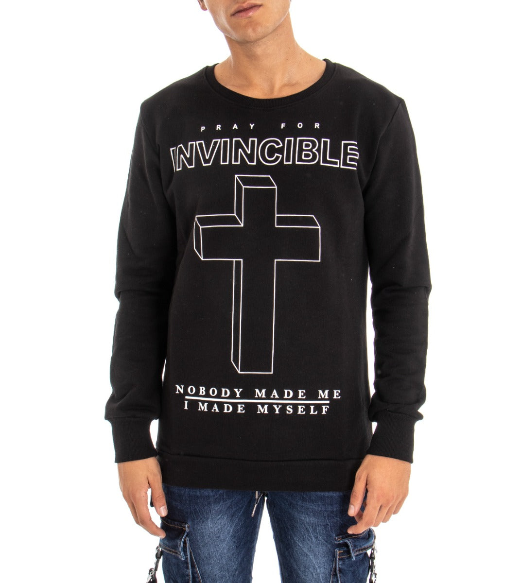 Men's Crewneck Sweatshirt with Comfortable Black Cross Print GIOSAL-F2593A