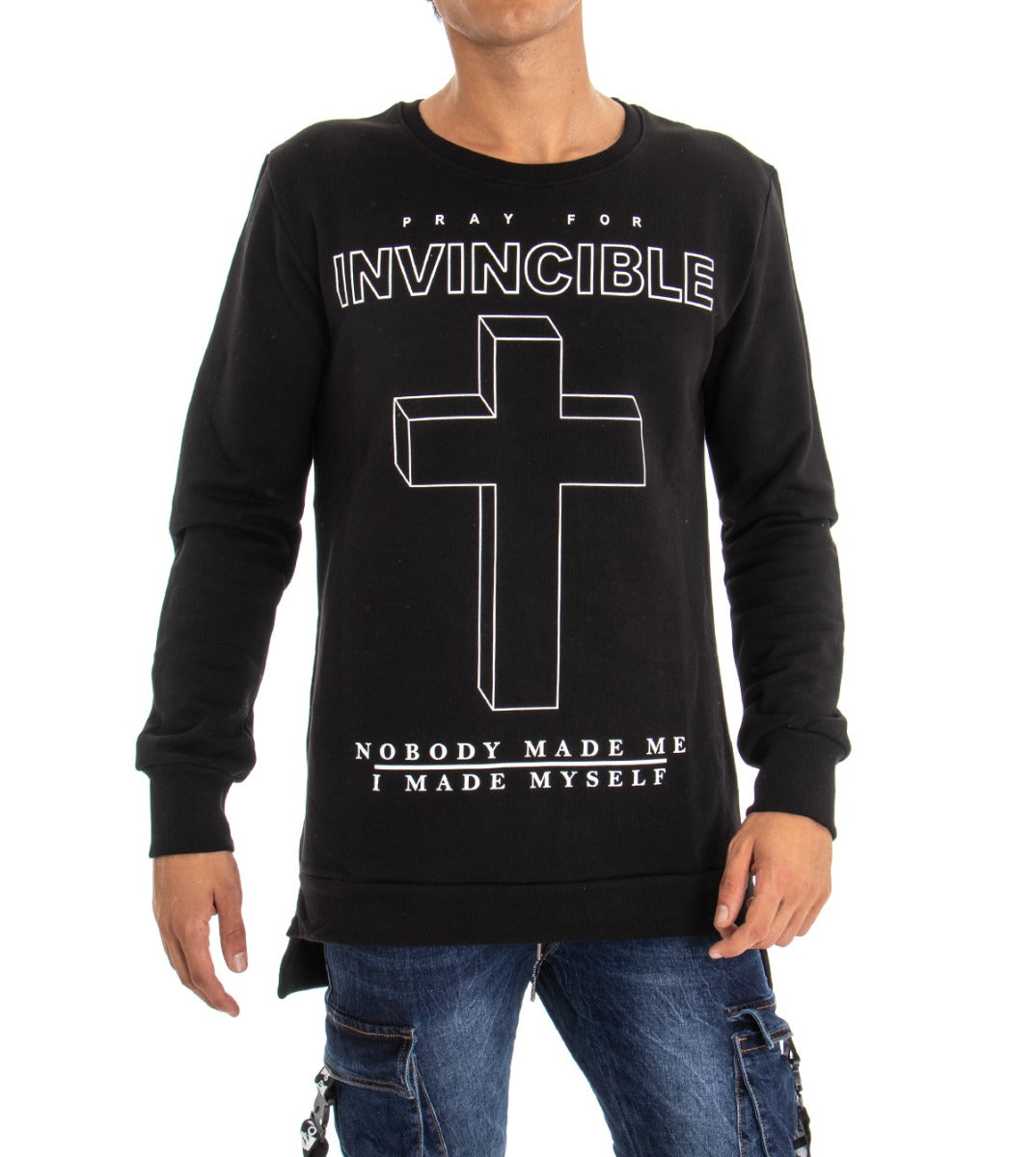 Men's Crewneck Sweatshirt with Comfortable Black Cross Print GIOSAL-F2593A