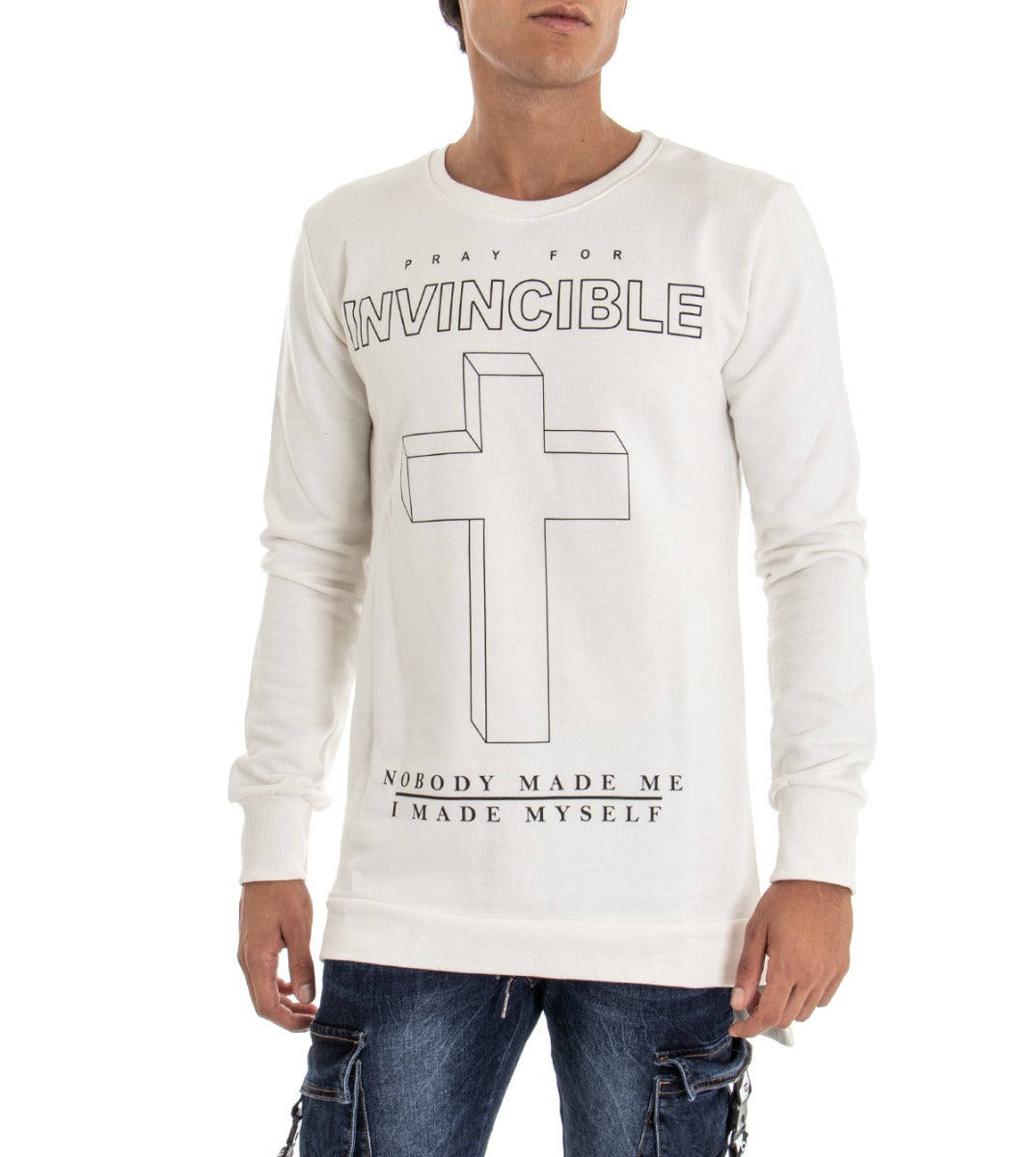 Men's Crewneck Sweatshirt with Comfortable White Cross Print GIOSAL-F2594A
