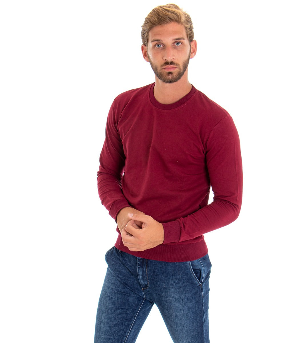 Men's Crewneck Sweatshirt Solid Color Bordeaux Basic Slim Fit GIOSAL-F2648A