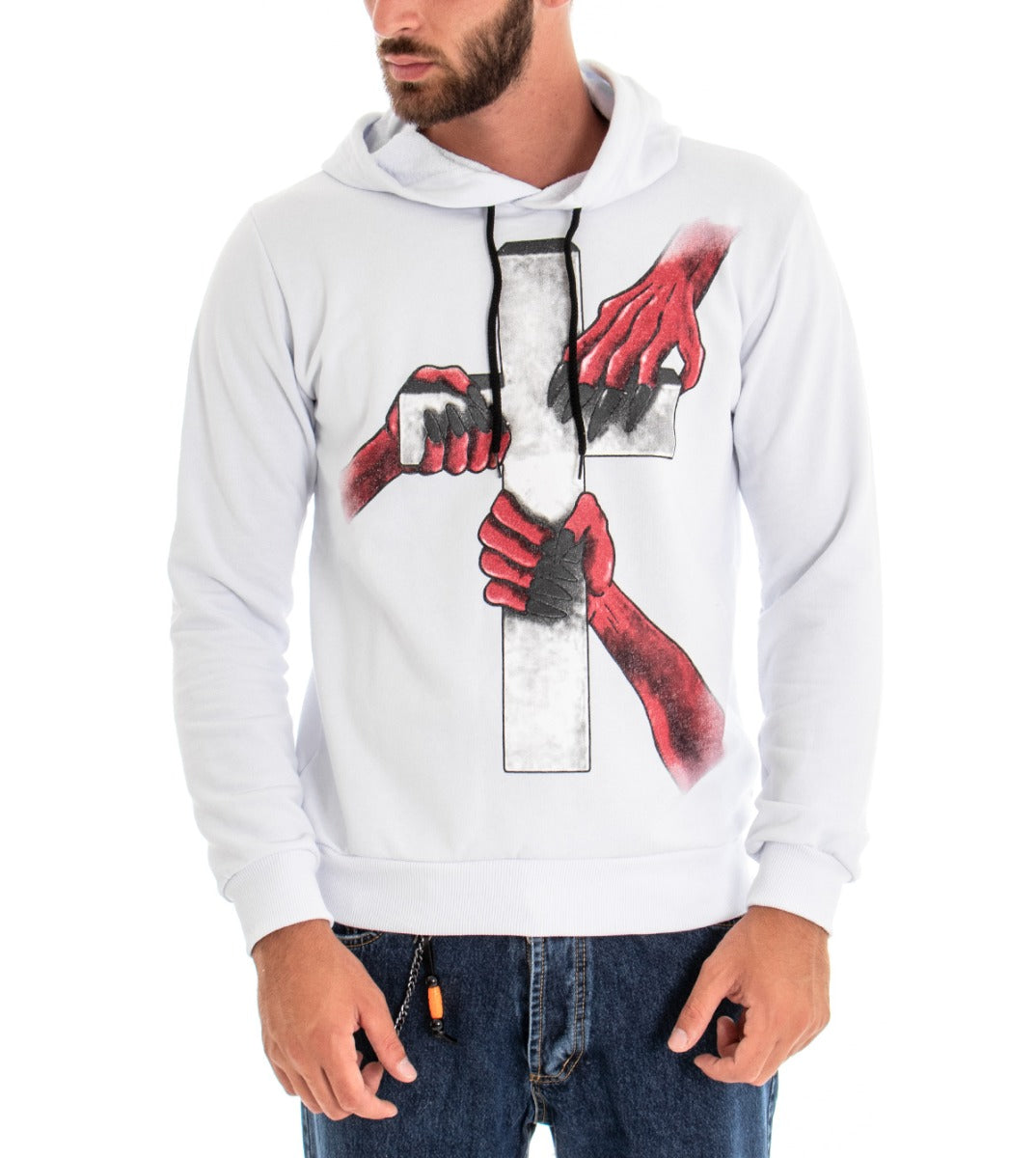 Men's Sweatshirt With White Hood Shirt With Cross Print Regular Fit GIOSAL-F2666A