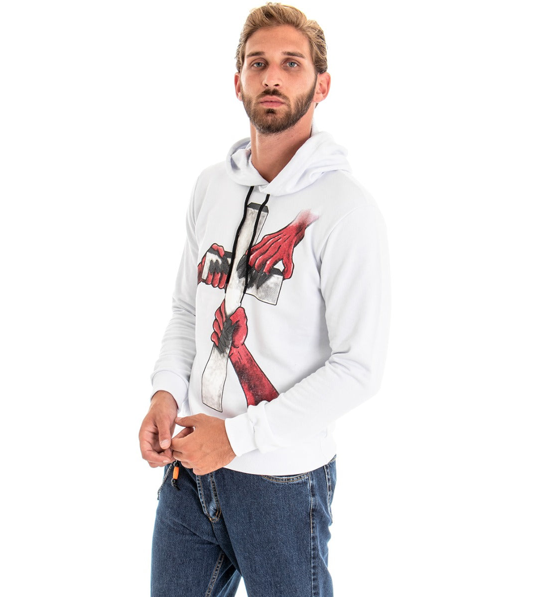 Felpa Uomo Con Cappuccio Bianco Maglia Con Stampa Croce Regular Fit GI