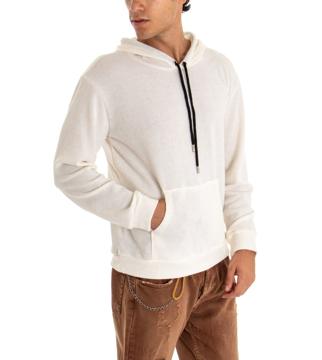 Men's Hooded Sweatshirt in Ribbed Velvet Solid Color White Regular Fit GIOSAL-F2670A
