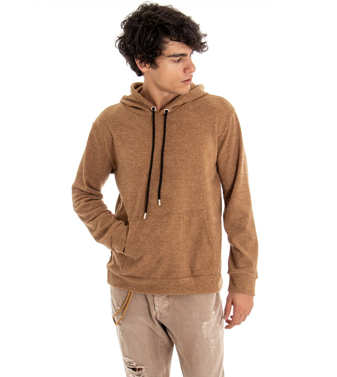 Men's Hooded Sweatshirt in Ribbed Velvet Camel Regular Fit GIOSAL-F2672A