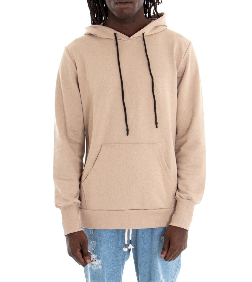 Men's Hooded Sweatshirt with Glove Sleeves Solid Color Beige Regular Fit GIOSAL-F2697A
