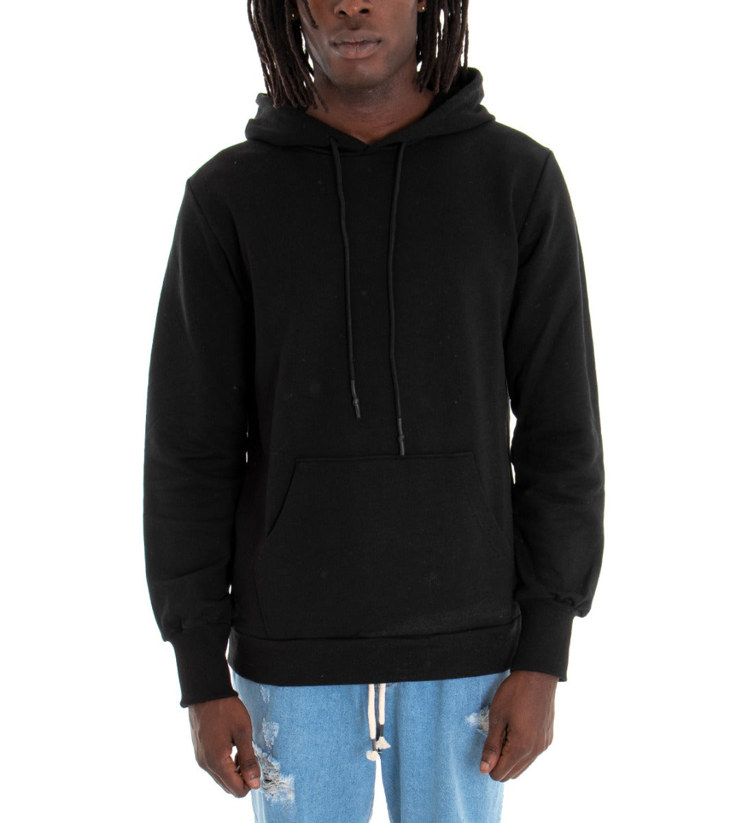 Felpa Uomo Con Cappuccio Maglia Manica A Guanto Tinta Unita Nero Regular Fit GIOSAL-F2698A