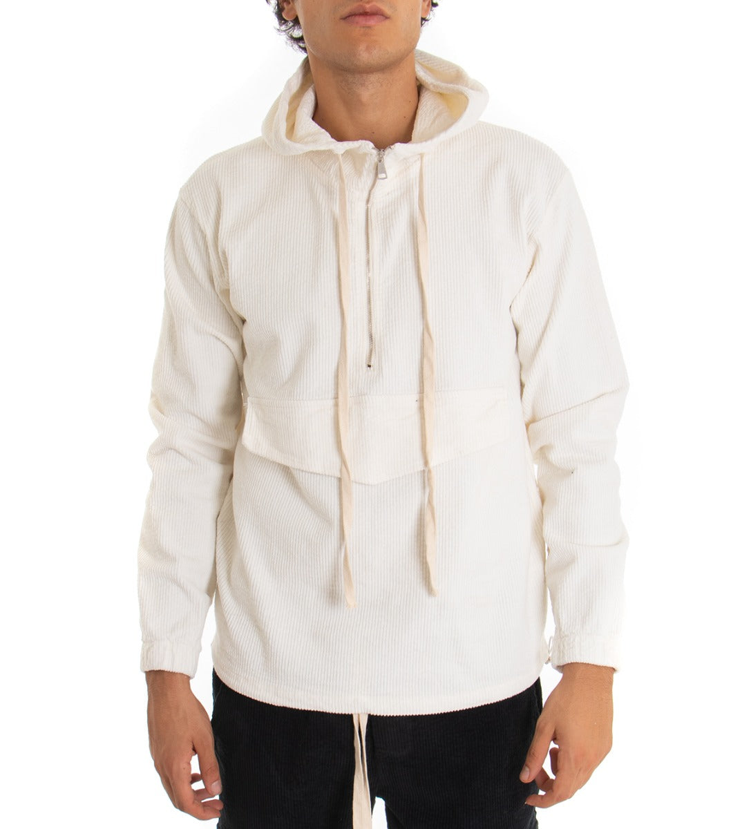 Men's White Hooded Sweatshirt with Ribbed Velvet Regular Fit Zip GIOSAL-F2709A