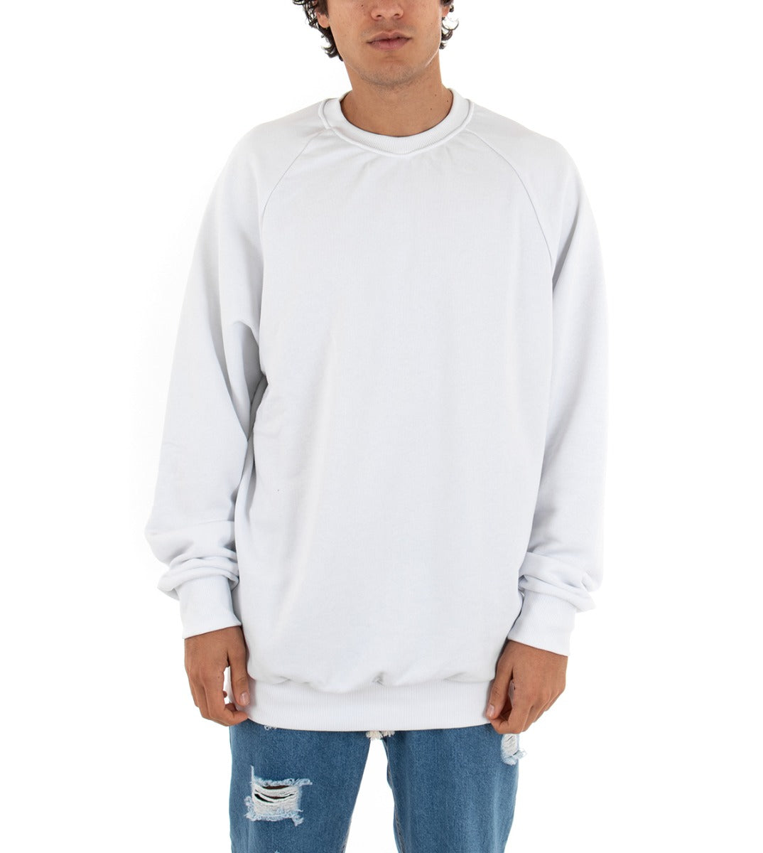 Men's White Crewneck Sweatshirt Solid Color Oversized White Shirt GIOSAL-F2732A