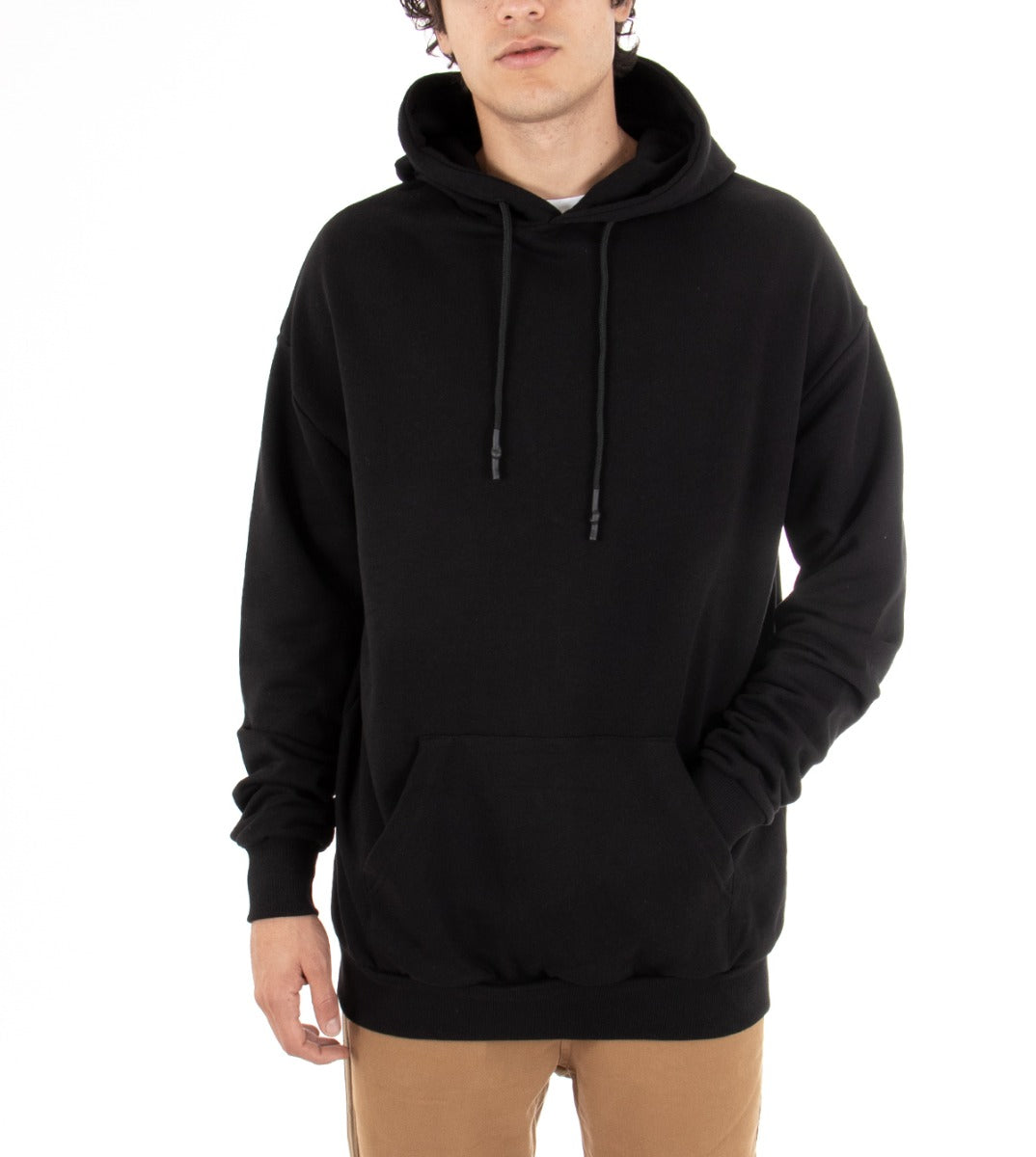 Men's Sweatshirt With Black Hood Oversized Basic Knit Solid Color GIOSAL-F2735A