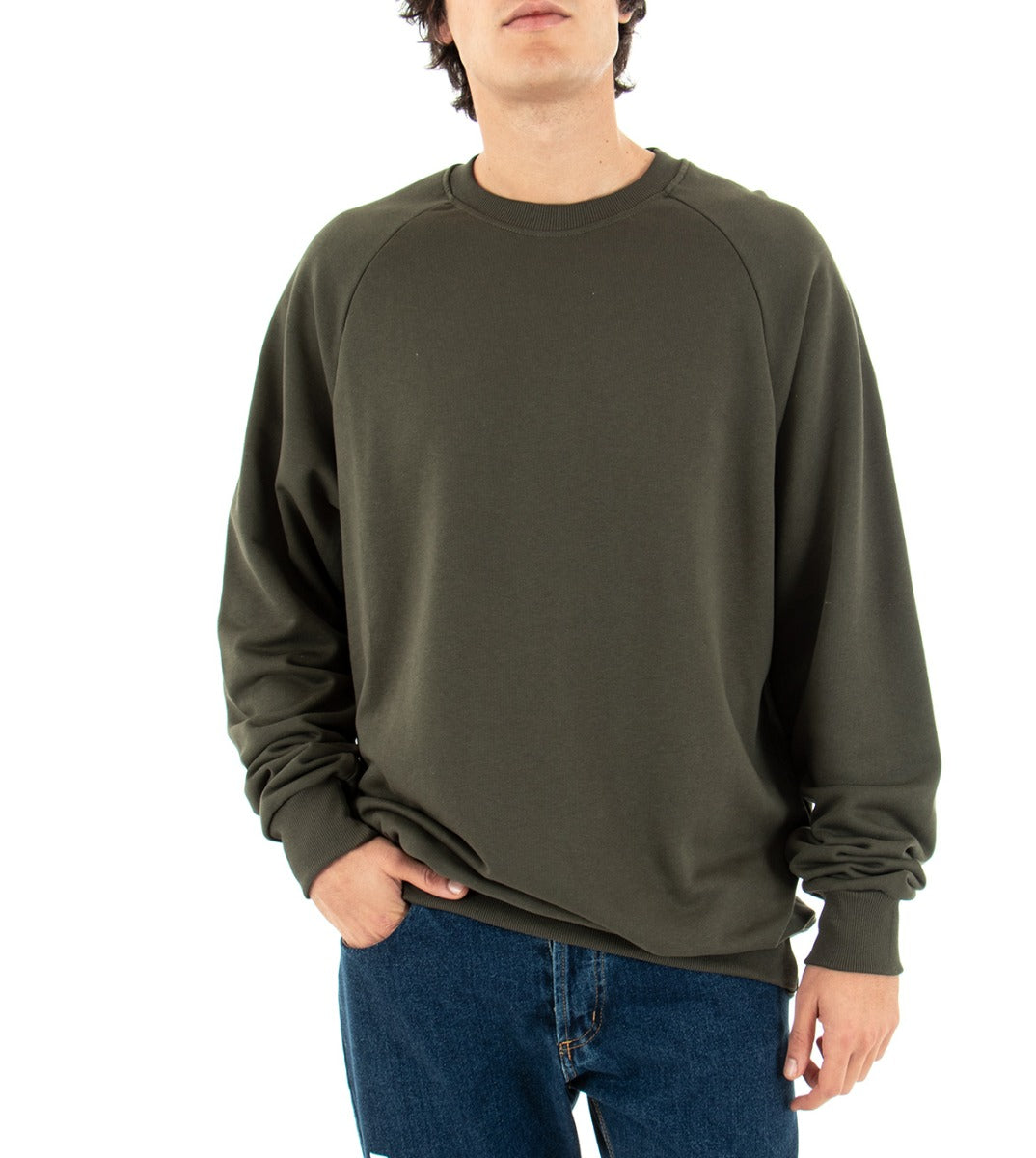 Men's White Crewneck Sweatshirt Solid Color Green Oversize Sweatshirt GIOSAL-F2731A