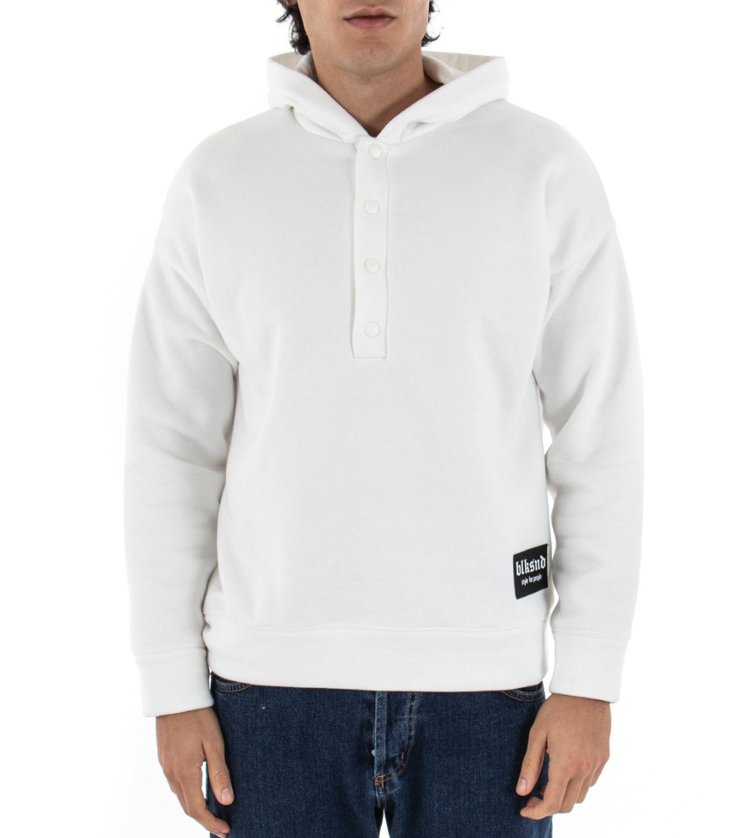 Men's White Hooded Sweatshirt Serafino Sweater With Regular Fit Buttons GIOSAL-F2743A