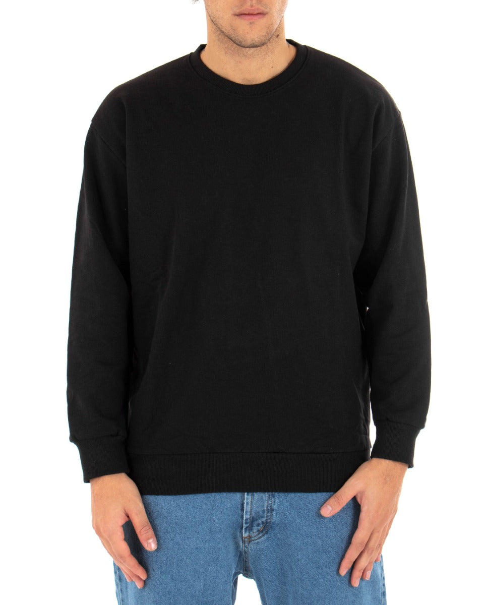Basic Men's Crewneck Sweatshirt Solid Color Black Comfortable Relaxed Fit Light Brushed GIOSAL-F2852A